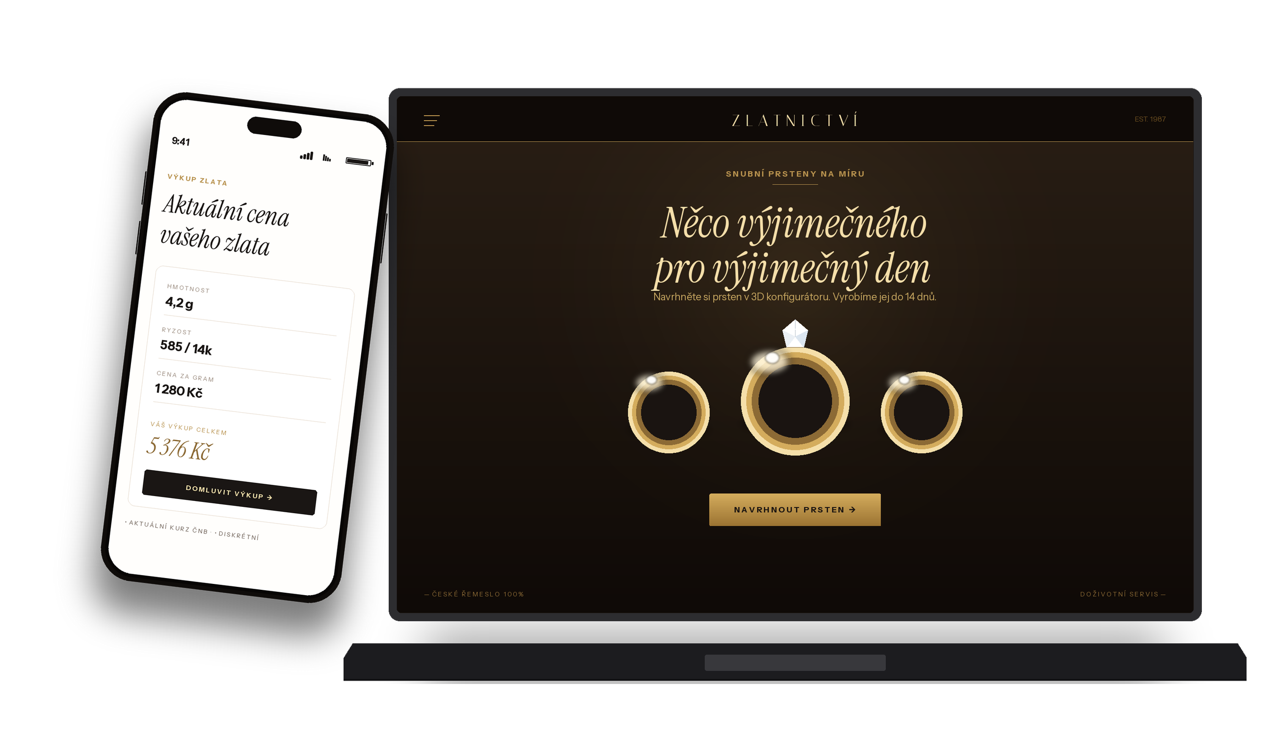Ukázka zlatnického webu na laptopu a mobilu s konfigurátorem snubních prstenů a kalkulačkou výkupu zlata